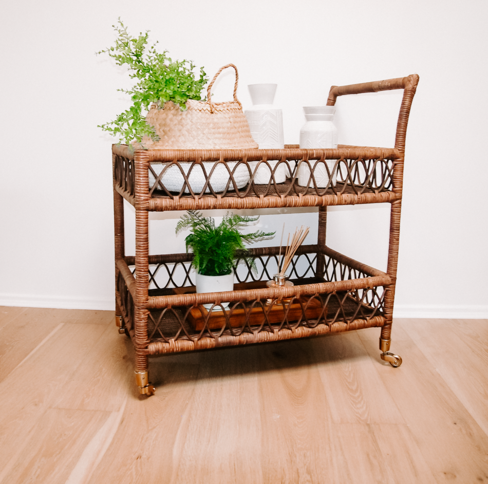 Vintage Brown Rattan Bar Cart Haus of Rattan