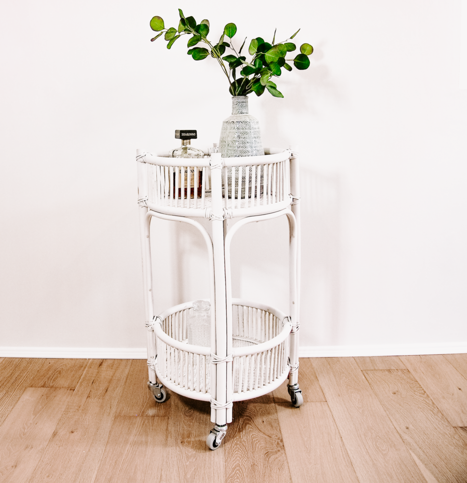 Round Cancun White Bar Cart Haus of Rattan Hanging Chairs