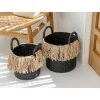 black basket set next to wood chair